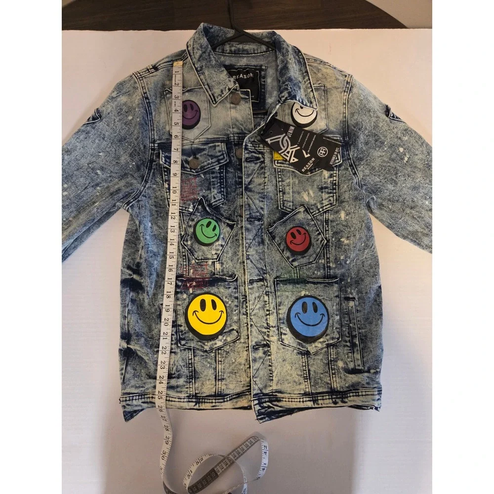 NEW WITH TAGS  Reason Clothing Smiley Face Multi-Pocket Distressed Denim Jacket